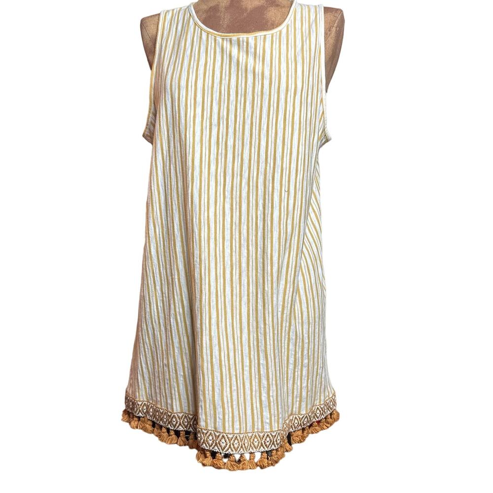 Boho Tassel Trim Sleeveless Top Yellow White Stripe Size M